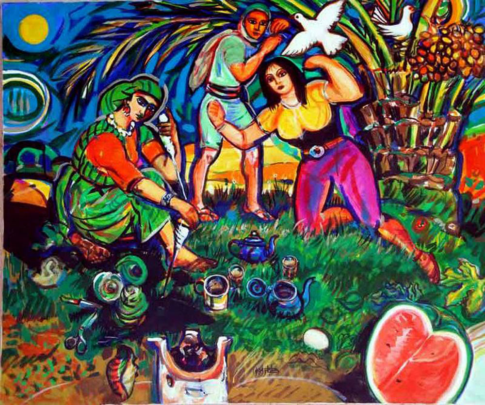 تجاور وتمازج بين ثقافة المدينة وثقافة الصحراء (لوحة الطاهر المغربي)